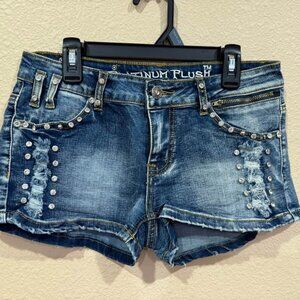 Platinum Plush Distressed Rhinestone Denim Shorts-medium